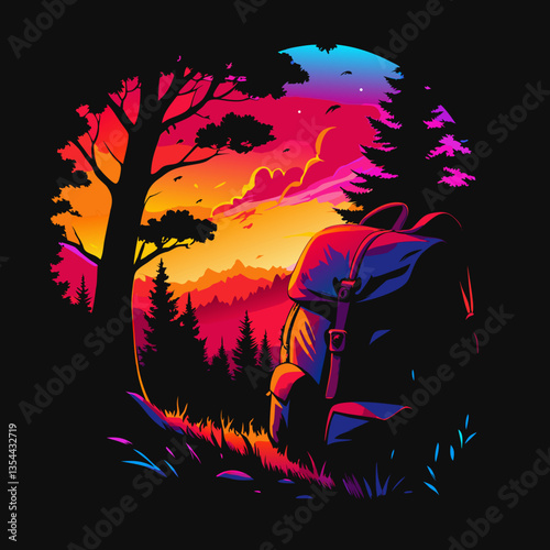 an illustration of a backpack in a landscape with trees and vibrant sunset. A backpack in nature, inviting the viewer to an adventure