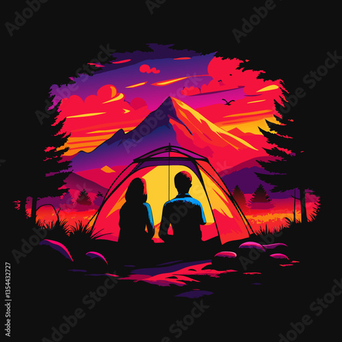 two people enjoying a camping trip with a stunning view of mountains and vibrant sky