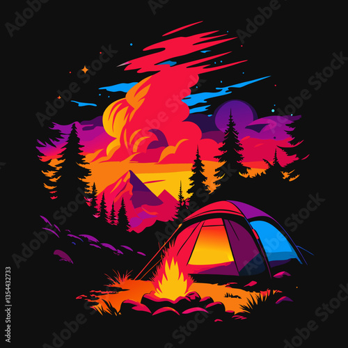 camping at night. A tent, campfire, and majestic mountains create a mesmerizing and tranquil scene under a vibrant night sky.