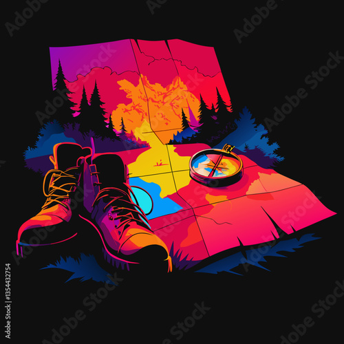 a pair of hiking boots, a map, and a compass, ready for adventure