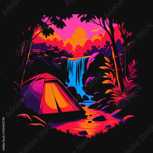 vibrant illustration depicts a camping scene, with a tent positioned in front of a waterfall, and lush, colorful surrounding nature. The artwork's rich color palette is truly captivating.