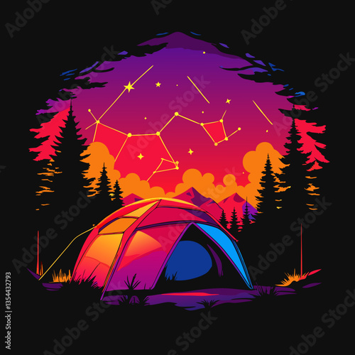 A colorful tent illuminated beneath a starry night sky, perfect for camping and stargazing.