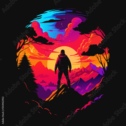 a person admiring a colorful sunset over a mountain landscape