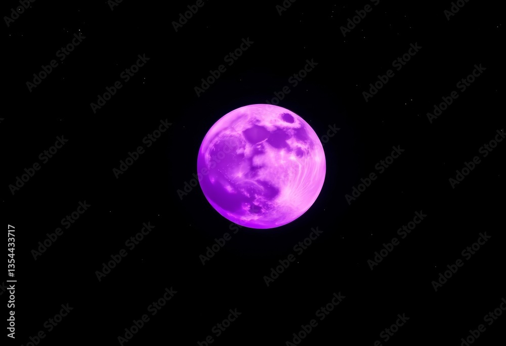 Fototapeta premium Cratered vibrant purple moon dominates a dark, starry night sky, space, satellite