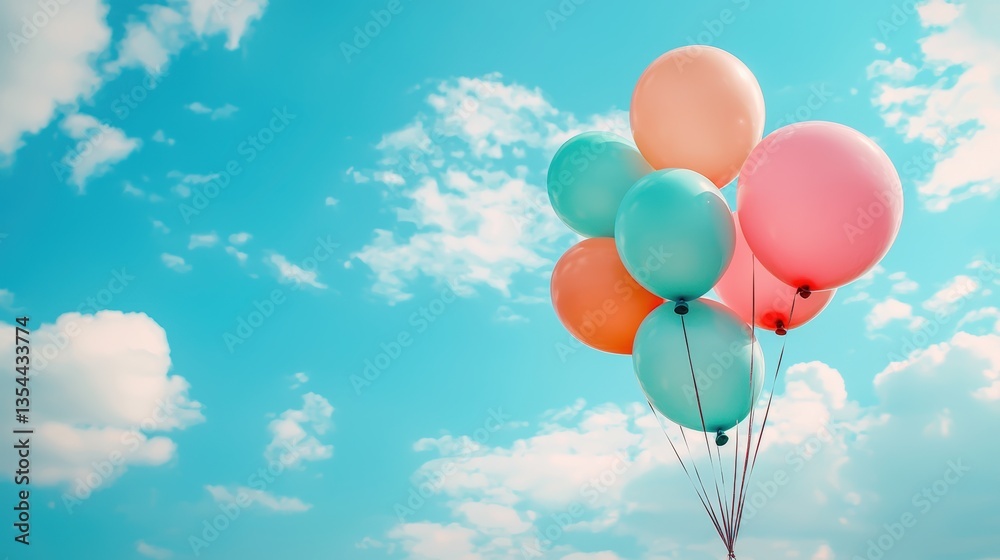 Obraz premium Colorful Balloons Floating Against a Clear Blue Sky with Whimsical Clouds for Festive Celebrations and Joyous Occasions
