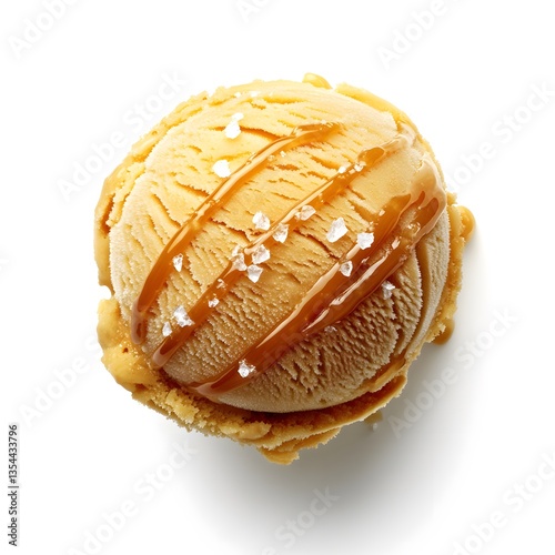 Caramel Swirl Ice Cream with Sea Salt – A golden caramel swirl ice cream scoop drizzled with salted caramel sauce and sprinkled with flaky sea salt.
