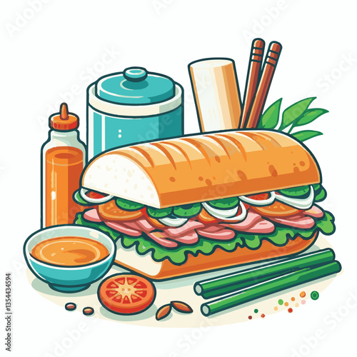 bread, baguette, meal, meat, fresh, food, background, cucumber, carrot, lunch, cuisine, coriander, sandwich, asian, traditional, vietnamese, pork, vietnam, sliced, closeup, cilantro, vegetable, street
