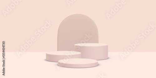 Abstract 3D room with set of realistic cylinders. Minimal scene for product display mockup presentation. Vector illustration