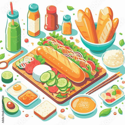 bread, baguette, meal, meat, fresh, food, background, cucumber, carrot, lunch, cuisine, coriander, sandwich, asian, traditional, vietnamese, pork, vietnam, sliced, closeup, cilantro, vegetable, street