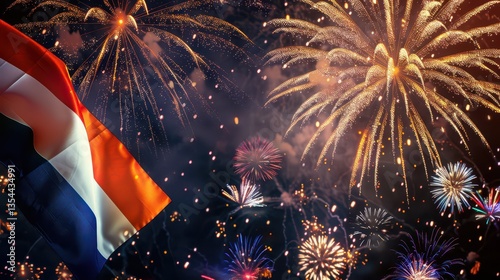 Celebration of koningsdag in the netherlands with fireworks display and dutch flag. Flag of the Netherlands and fireworks. King's Day. Liberation Day. Bevrijdingsdag photo