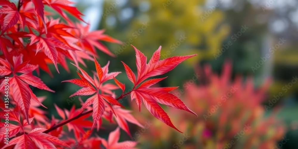 Crisp autumn maple leaf, vibrant red hues, soft garden backdrop, wallpaper, texture Crisp autumn maple leaf, vibrant red hues, soft garden backdrop, wallpaper, texture