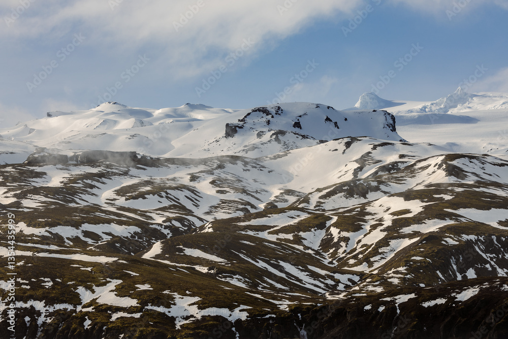 Glacial mountains in Iceland, showcasing rugged peaks and icy landscapes. A breathtaking view of nature's raw power, shaped by time and elements. Perfect for travel, adventure, and nature themes.