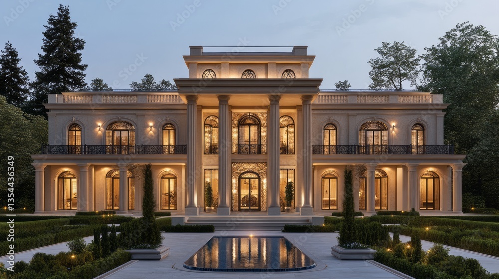 Obraz premium Elaborate neoclassical mansion with manicured grounds at twilight hour