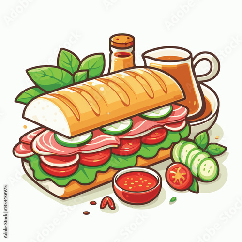 bread, baguette, meal, meat, fresh, food, background, cucumber, carrot, lunch, cuisine, coriander, sandwich, asian, traditional, vietnamese, pork, vietnam, sliced, closeup, cilantro, vegetable, street