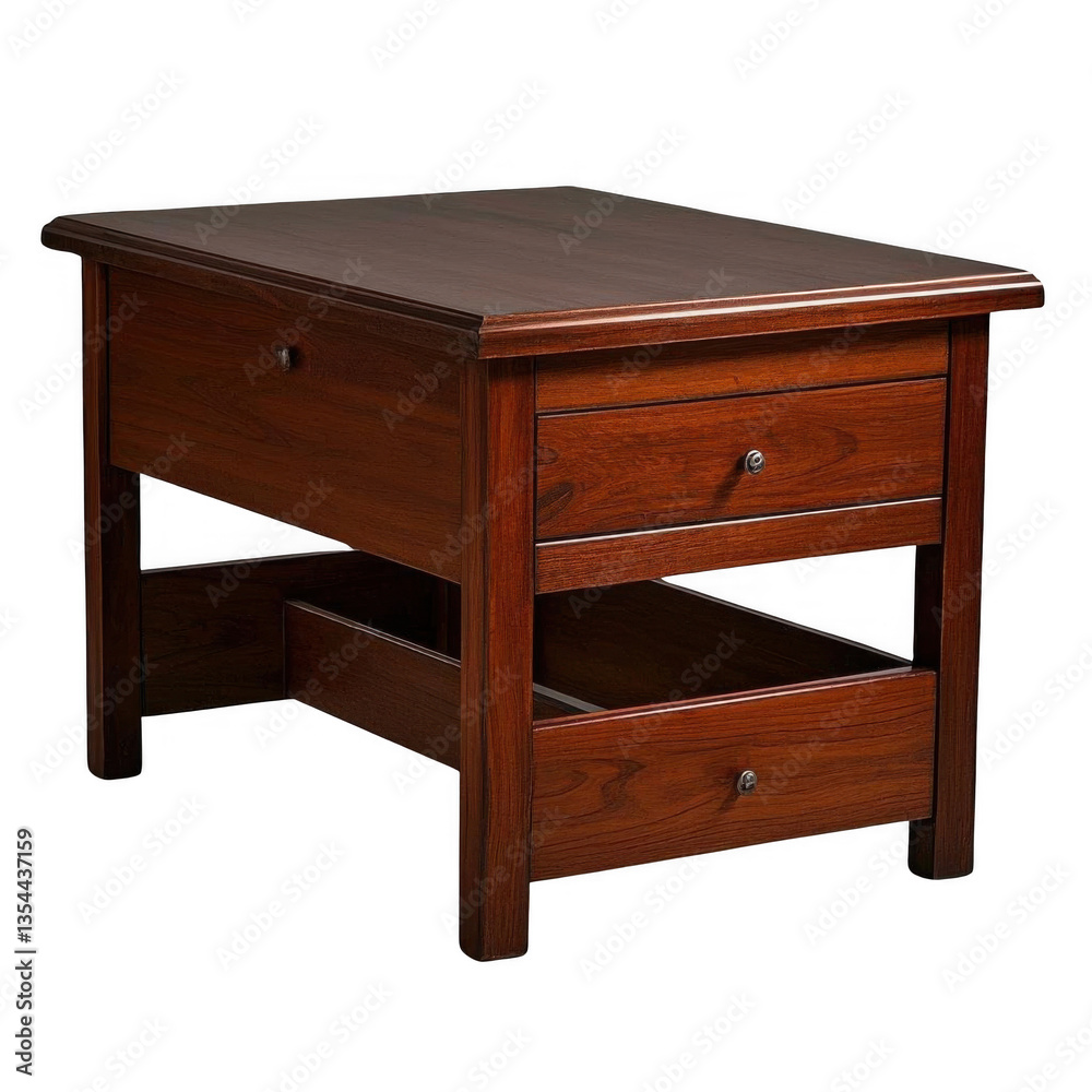 A rich mahogany end table, offering versatile storage with two drawers and an open shelf, perfect for any living space with warm, inviting tones, transparent background. A rich mahogany end table, offering versatile storage with two drawers and an open shelf, perfect for any living space with warm, inviting tones, transparent background.