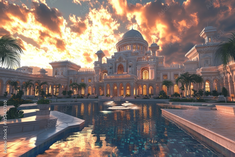 Fototapeta premium A luxurious palace reflects in tranquil waters at sunset
