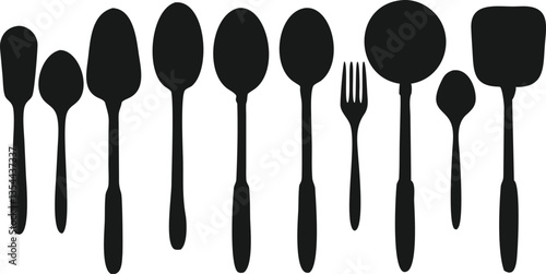 A clean and modern graphic design showcasing silhouettes of various kitchen utensils, including spoons, a fork, and a spatula.