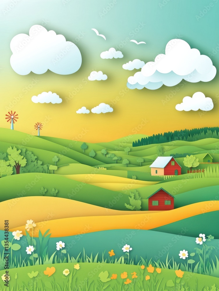 Fototapeta premium Charming rural landscape with rolling green fields, barns, windmills, and fluffy clouds in a warm countryside setting