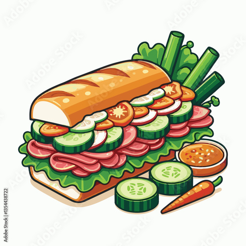 bread, baguette, meal, meat, fresh, food, background, cucumber, carrot, lunch, cuisine, coriander, sandwich, asian, traditional, vietnamese, pork, vietnam, sliced, closeup, cilantro, vegetable, street