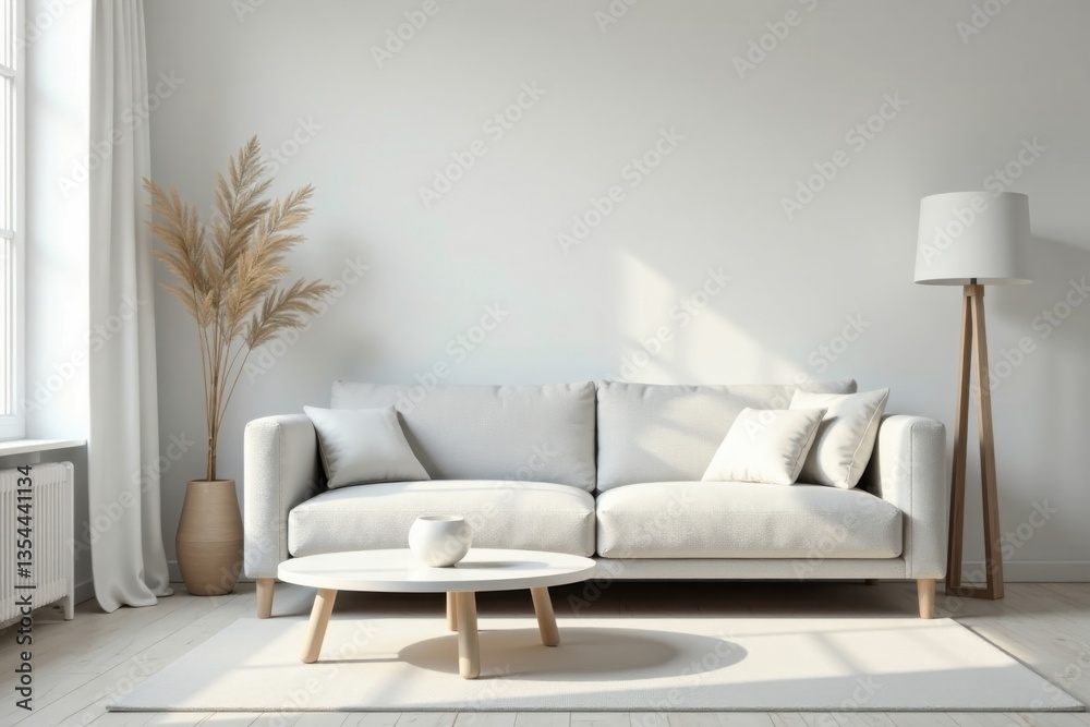 Obraz premium Serene Minimalist Living Room Interior Design with Light Sofa and Wooden Coffee Table