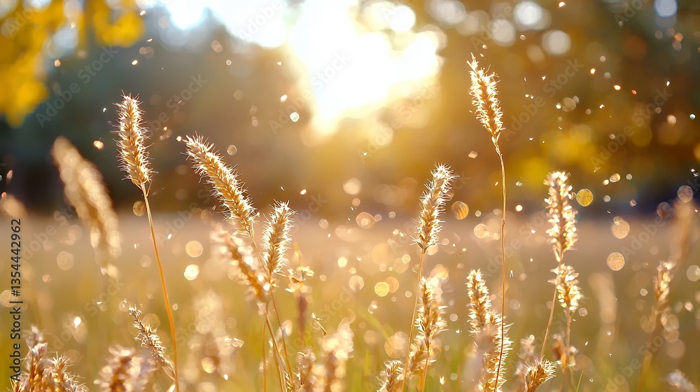 Fototapeta premium Golden Sunlight Shines on Wheat Field with Bokeh Background
