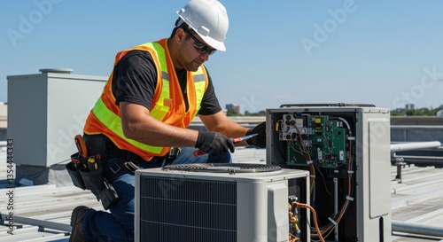 A technician repairs an air conditioning unit on a rooftop, equipped with a hard hat and safety vest, emphasizing the importance of HVAC maintenance and safety.