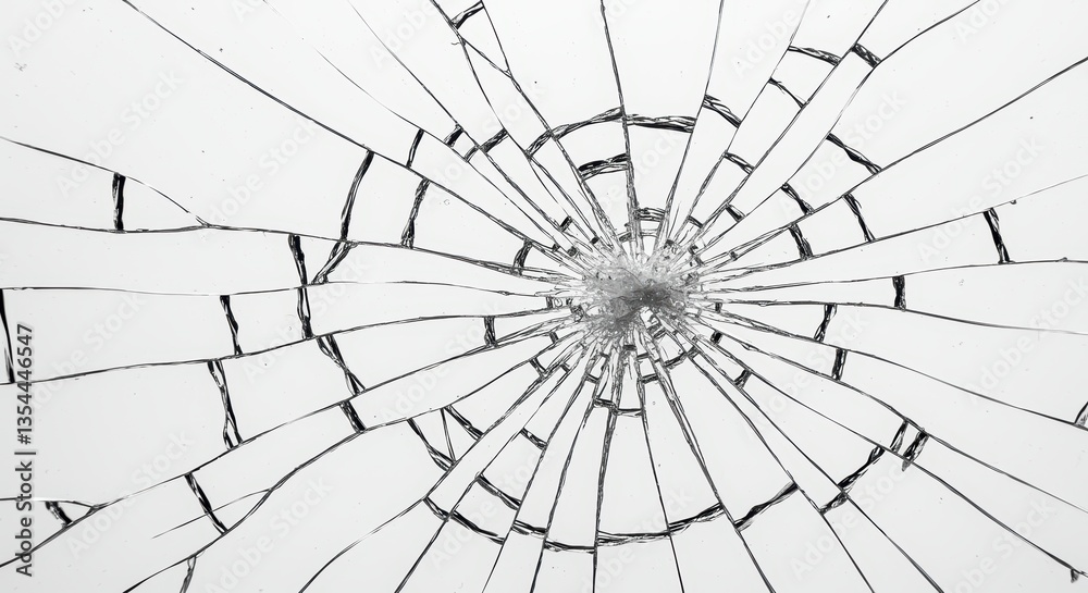 Obraz premium A close-up of shattered glass with radial cracks, set against a smooth white background. The sharp edges and fragments evoke themes of damage, vulnerability, and destruction.
