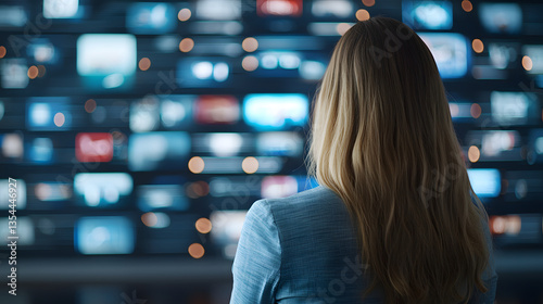 businesswoman with long hair stands in front of wall of screens displaying various media content, reflecting sense of engagement and curiosity