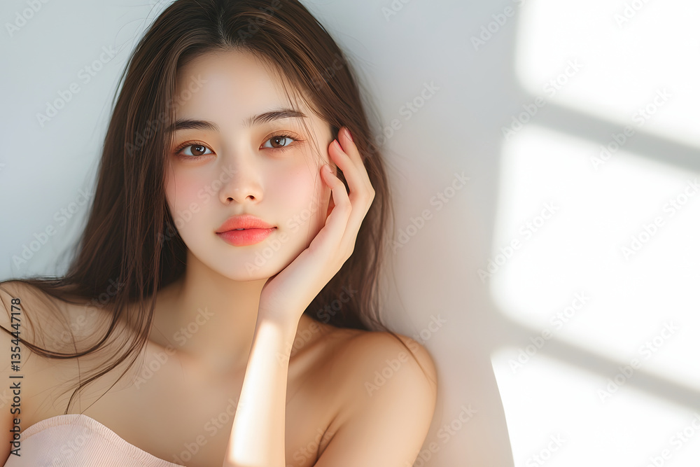 beautiful young woman with long hair is sitting gracefully against light background, showcasing serene expression. soft lighting highlights her features, creating calm and inviting atmosphere beautiful young woman with long hair is sitting gracefully against light background, showcasing serene expression. soft lighting highlights her features, creating calm and inviting atmosphere