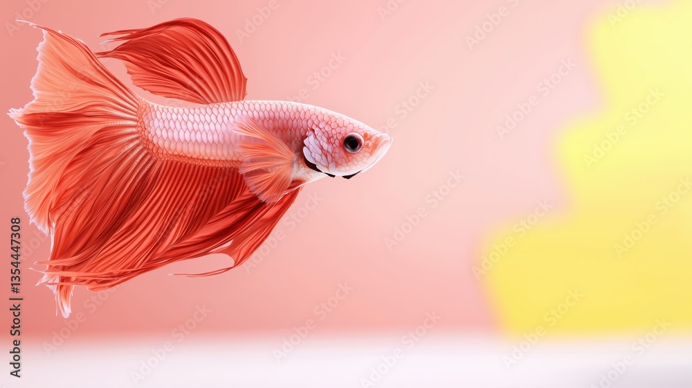 Fototapeta premium A vibrant red and white betta fish gracefully swims against a soft pink and yellow background ideal for presentations or PowerPoint designs offe ample copy space for text.