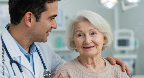 A compassionate doctor warmly interacts with an elderly female patient, fostering trust and support in a caring healthcare relationship, as the patient smiles.