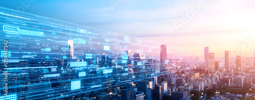 futuristic cityscape showcasing vibrant skyline with digital data streams flowing through air, symbolizing technology and innovation. scene captures blend of urban architecture and advanced