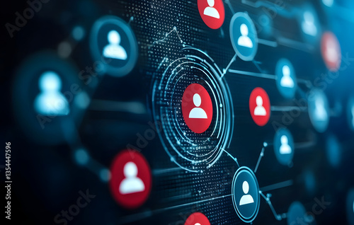 Digital network connections showcase global social structure with interconnected user icons red and blue. This abstract representation highlights complexity and interactivity of modern