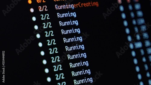 zooming and scrolling terminal screen with running container statuses and creation logs in a dynamic devops monitoring interface