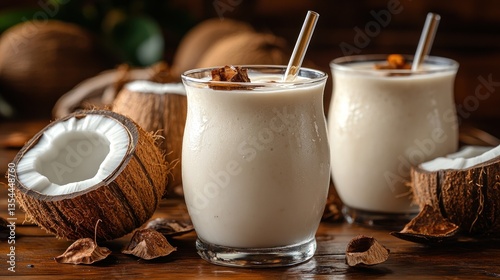 Two creamy coconut cocktails garnished with nuts, served in hurricane glasses, surrounded by halved coconuts on a wooden table.