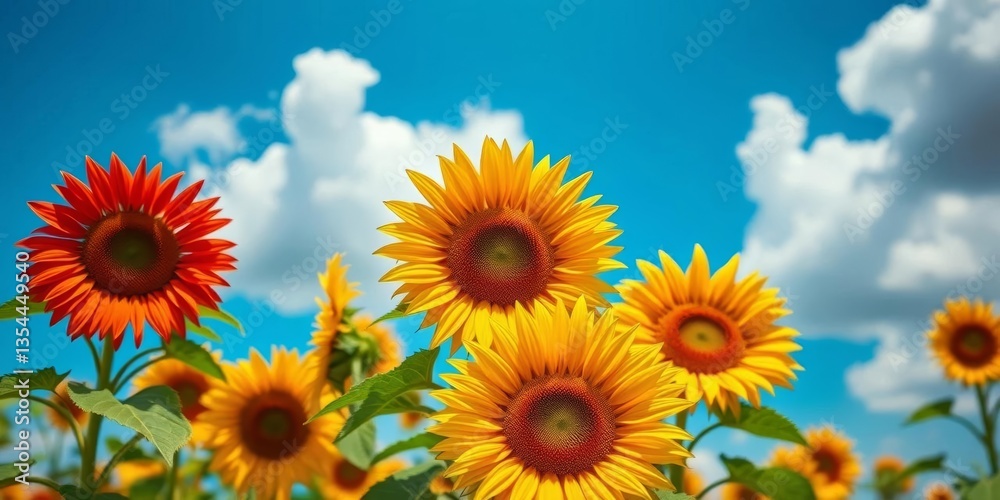 Obraz premium Vibrant sunflowers against a summer blue sky with fluffy clouds, agriculture, advertising
