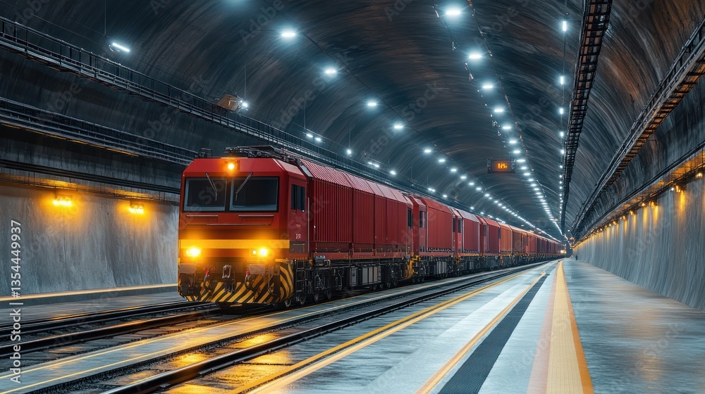 Fototapeta premium Freight Train Emerging from a Modern Tunnel