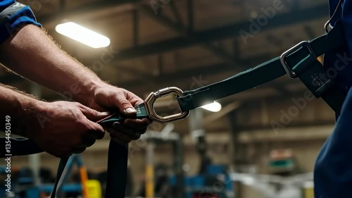 Worker attaches safety harness in industrial setting, ensuring secure equipment handling