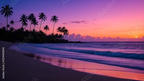Fototapeta Naklejka Na Ścianę i Meble -  Vibrant Tropical Beach Sunset with Palm Tree Silhouettes Reflected in the Wet Sand under a Striking Purple and Orange Sky, 4k