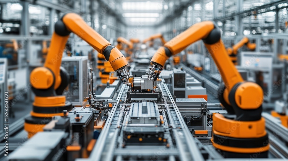 Orange Robotic Arms on an Automated Assembly Line in a Modern Factory Orange Robotic Arms on an Automated Assembly Line in a Modern Factory