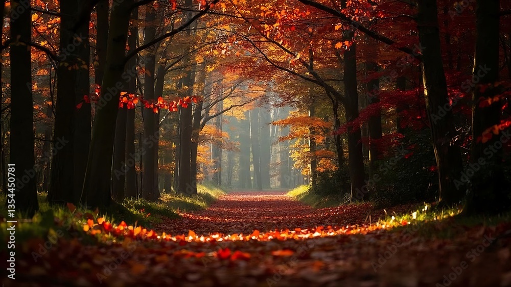 Fototapeta premium Enchanted Forest Path Covered in Fallen Red and Orange Leaves with Sunlight Shining Through the Autumn Foliage Canopy, 4k