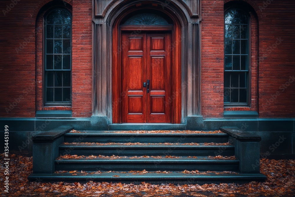 Grand wooden doors with arched frame on a brick facade Grand wooden doors with arched frame on a brick facade