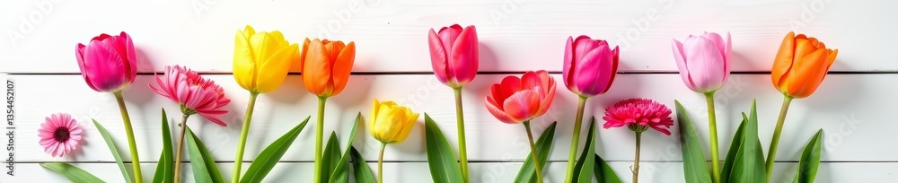 Fototapeta premium Vibrant tulips and mimosa bouquet on white wooden backdrop, colorful, petals