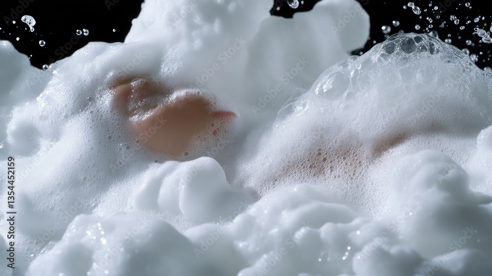 Fototapeta premium Foamy bath experience. A close-up view of a person's feet submerged in a generous amount of sudsy, white bath foam. Bubbles and splashes surround the feet