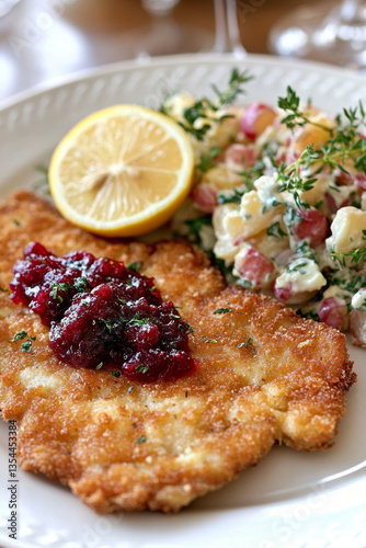 Enjoying a traditional Austrian Wiener schnitzel with lemon, cranberry sauce, and potato salad in an elegant European dining setting