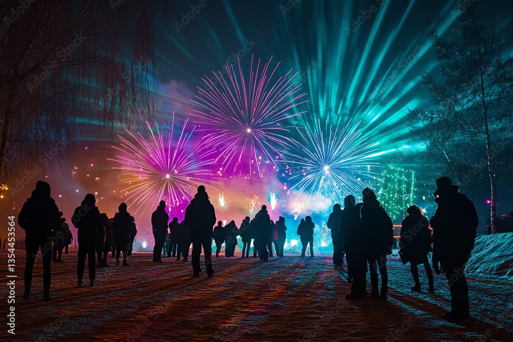 Naklejka premium People Watching Colorful Fireworks Display at Night During an Event