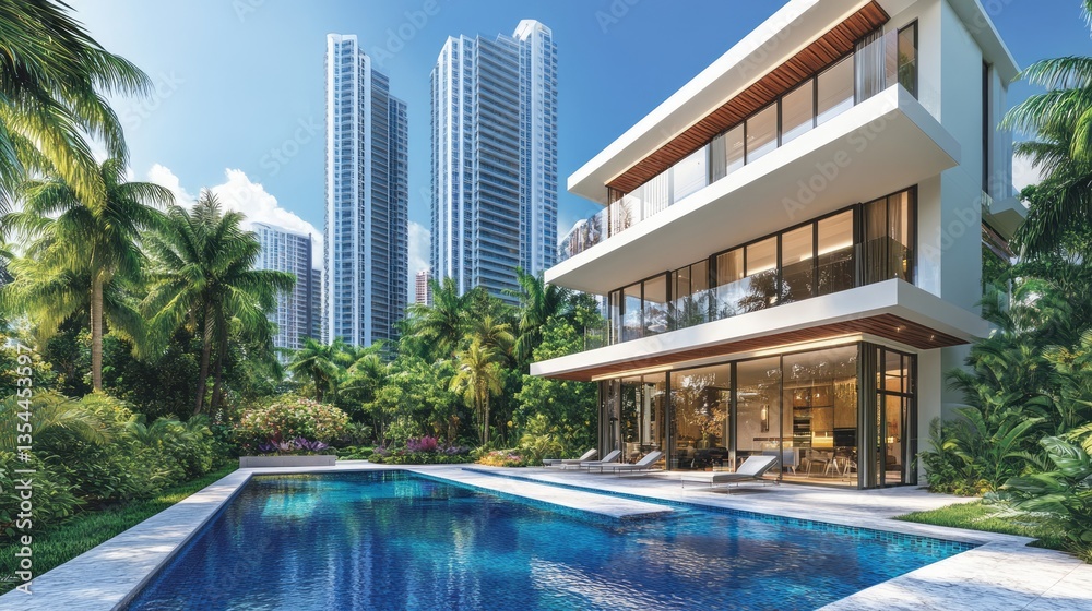 Modern luxurious home features a swimming pool and skyline view Modern luxurious home features a swimming pool and skyline view