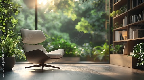Serene armchair in sunlit room with plants and bookshelves.