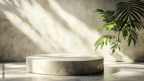 Minimalist stone podium with plant, sunlight shadows on textured wall.