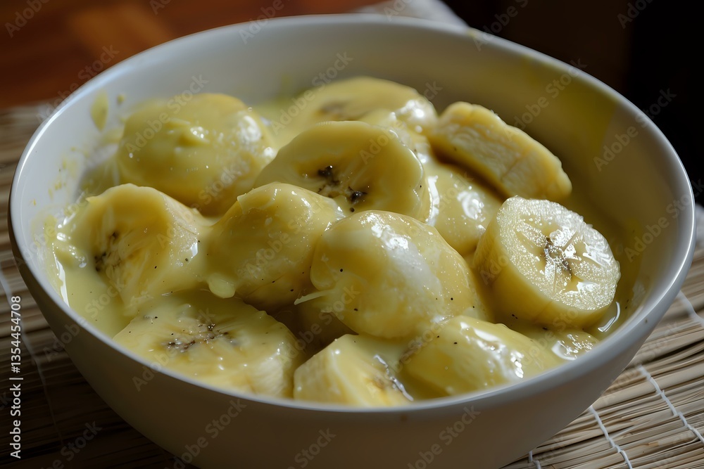 Fresh sliced bananas in creamy vanilla pudding dessert served in white ceramic bowl, close up view of sweet homemade comfort food with smooth texture. Fresh sliced bananas in creamy vanilla pudding dessert served in white ceramic bowl, close up view of sweet homemade comfort food with smooth texture.